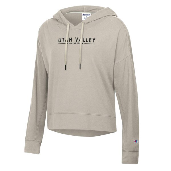 Women's Fit Super soft tan Champion hoodie with embroidered Utah Valley University on the front and a short slit on either side at the bottom
